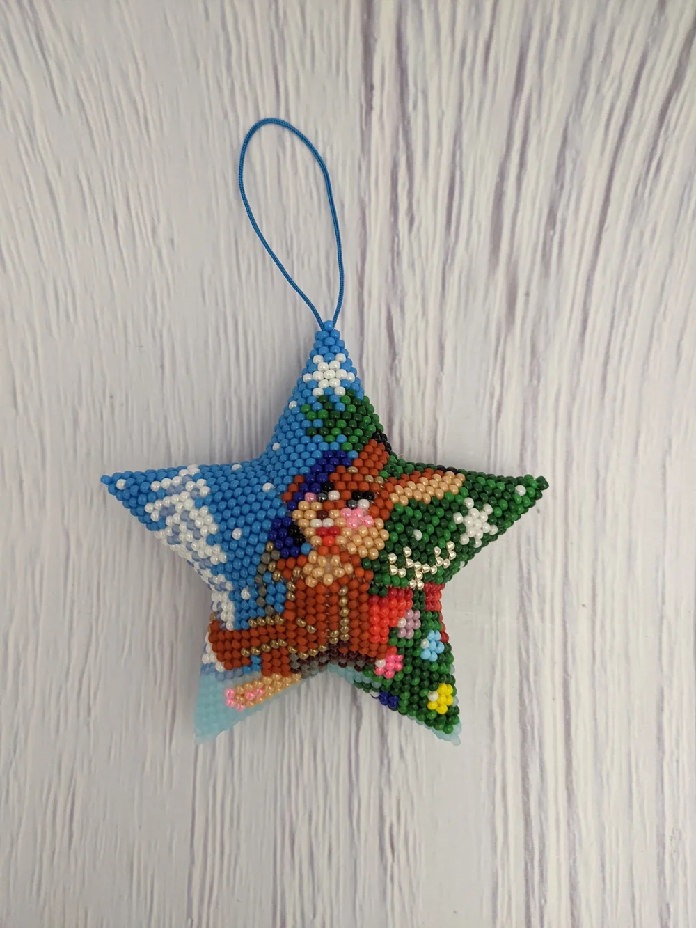 Handmade Blue Beaded Star Holiday Ornament - Cute Bunny Design